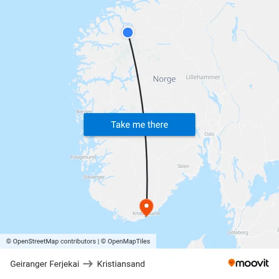 Geiranger Ferjekai to Kristiansand map
