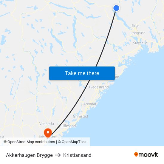 Akkerhaugen Brygge to Kristiansand map