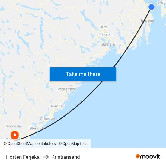 Horten Ferjekai to Kristiansand map