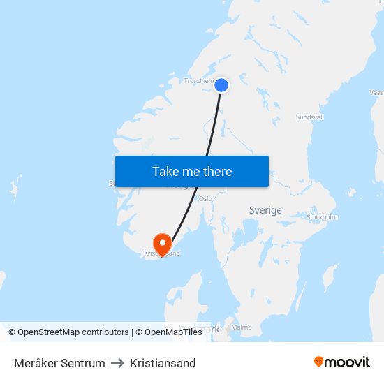 Meråker Sentrum to Kristiansand map