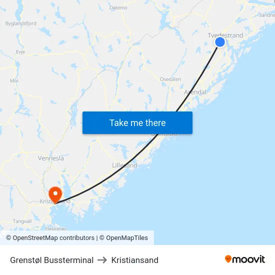 Grenstøl Bussterminal to Kristiansand map