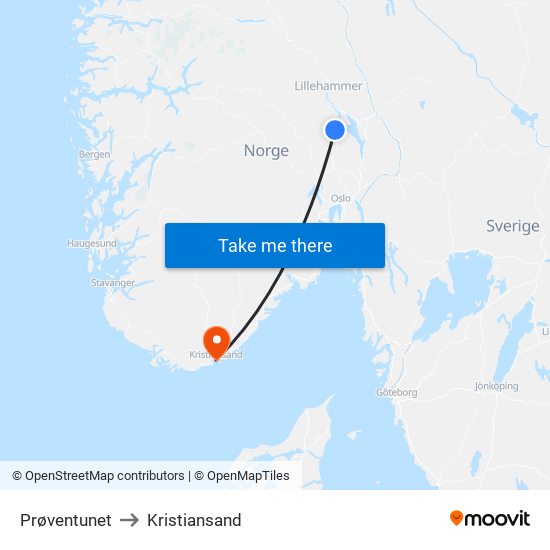 Prøventunet to Kristiansand map