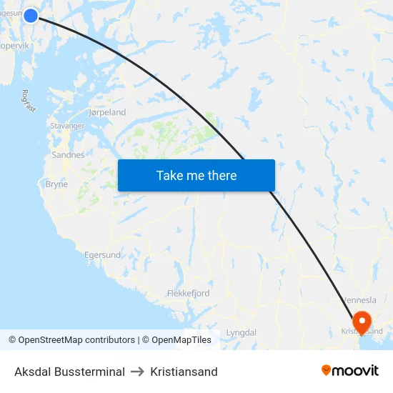 Aksdal Bussterminal to Kristiansand map