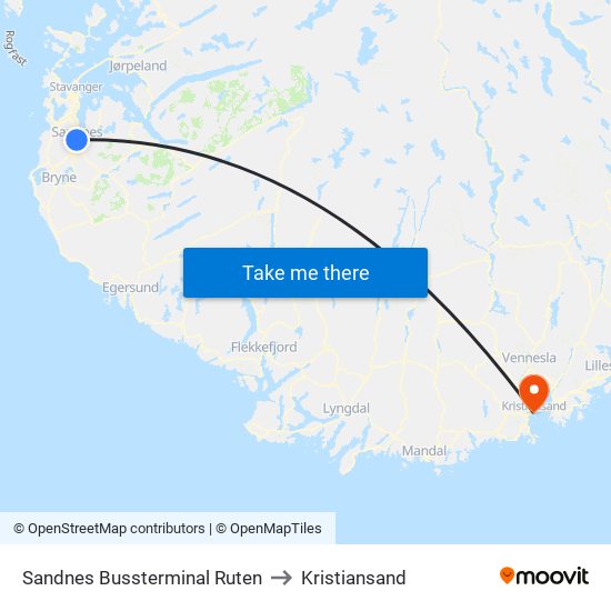 Sandnes Bussterminal Ruten to Kristiansand map