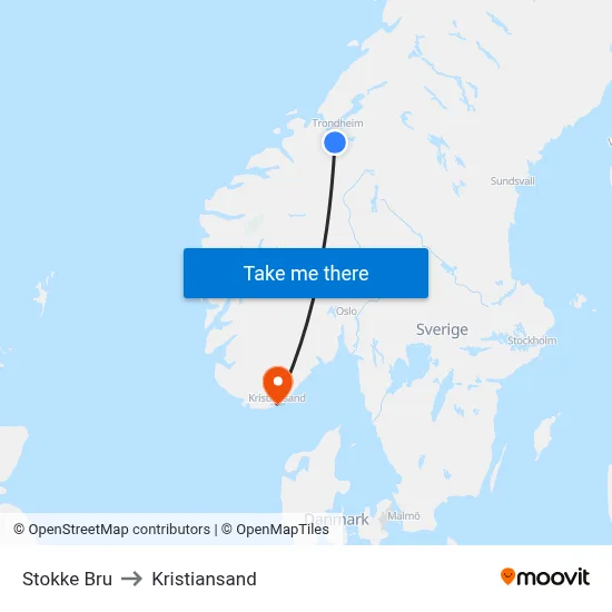 Stokke Bru to Kristiansand map