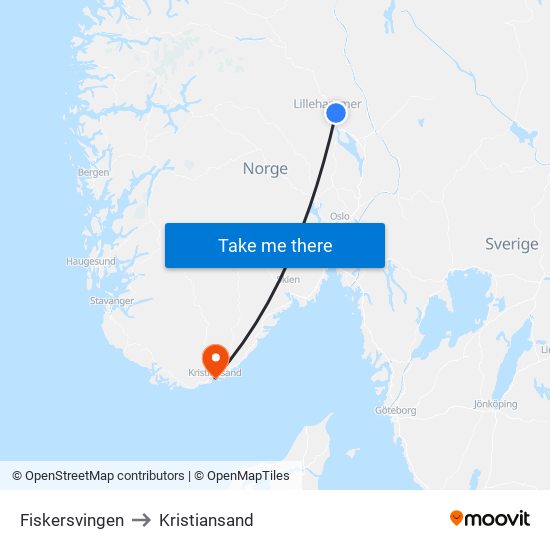 Fiskersvingen to Kristiansand map