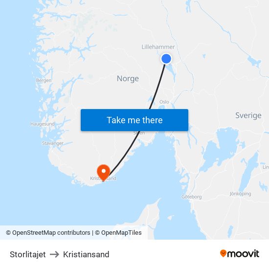Storlitajet to Kristiansand map