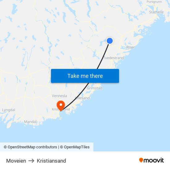 Moveien to Kristiansand map