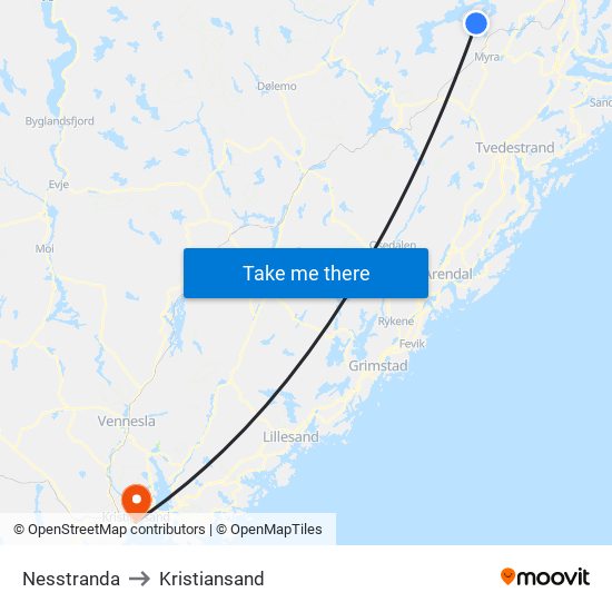 Nesstranda to Kristiansand map