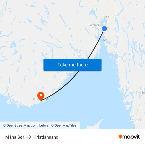 Måna Sør to Kristiansand map