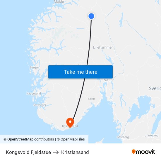 Kongsvold Fjeldstue to Kristiansand map