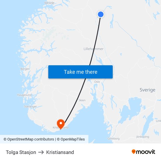 Tolga Stasjon to Kristiansand map