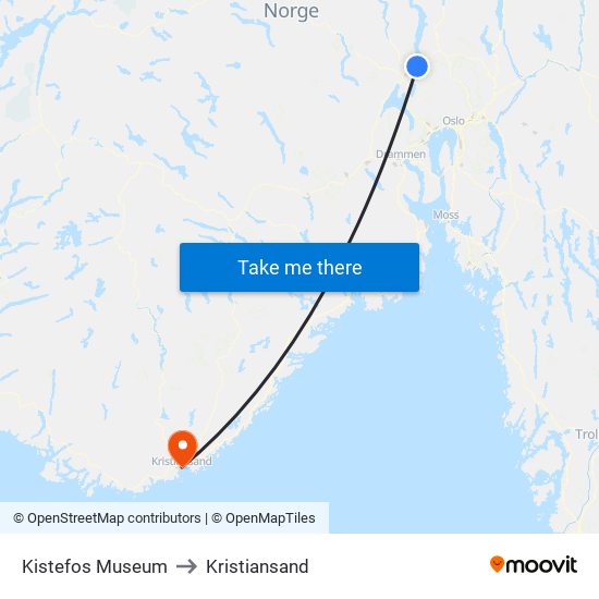 Kistefos Museum to Kristiansand map