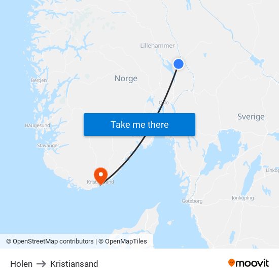 Holen to Kristiansand map