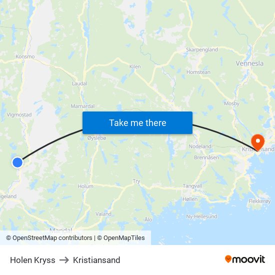 Holen Kryss to Kristiansand map