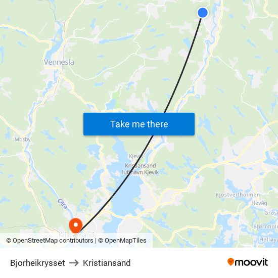 Bjorheikrysset to Kristiansand map