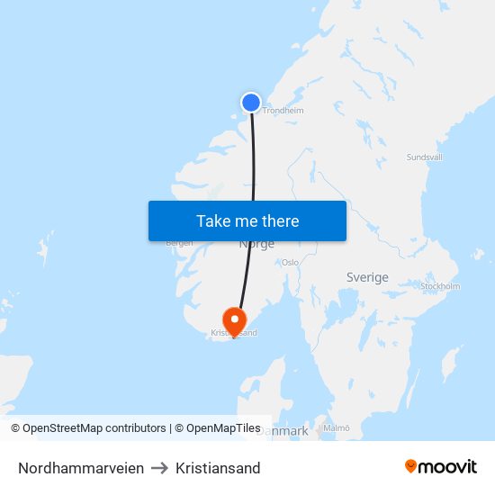 Nordhammarveien to Kristiansand map