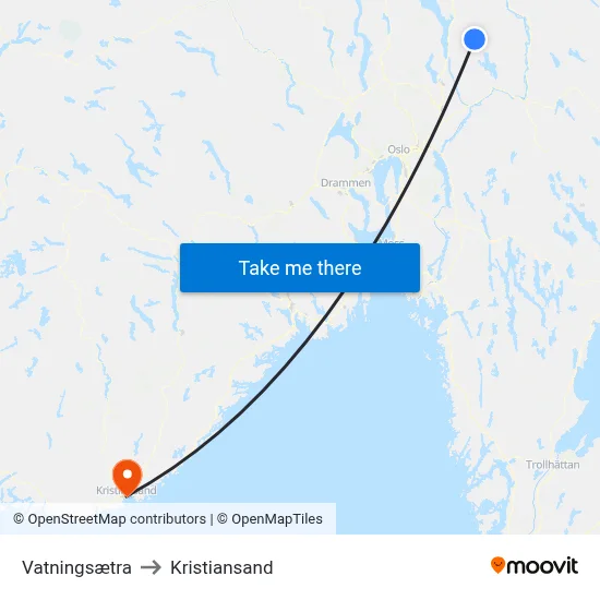 Vatningsætra to Kristiansand map