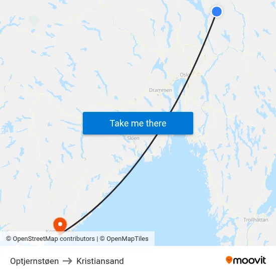 Optjernstøen to Kristiansand map