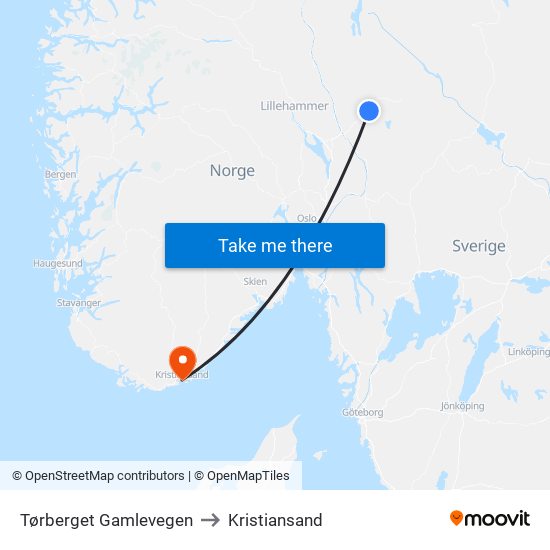 Tørberget Gamlevegen to Kristiansand map