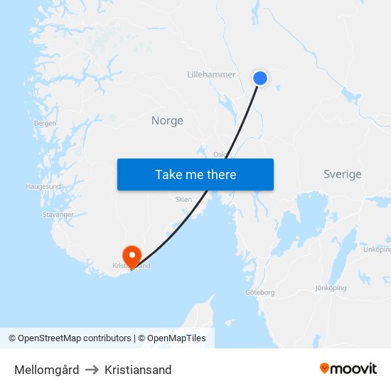 Mellomgård to Kristiansand map