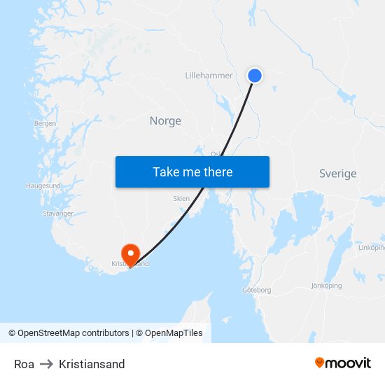 Roa to Kristiansand map