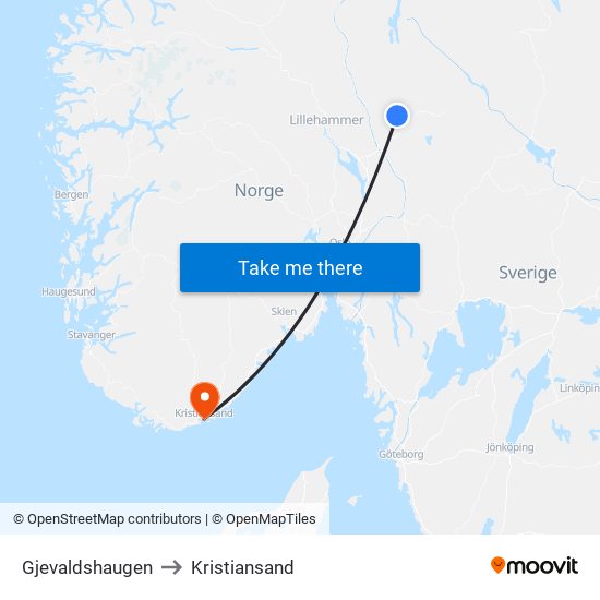 Gjevaldshaugen to Kristiansand map