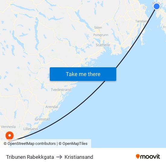 Tribunen Rabekkgata to Kristiansand map