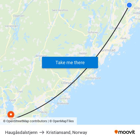 Haugåsdalstjenn to Kristiansand, Norway map