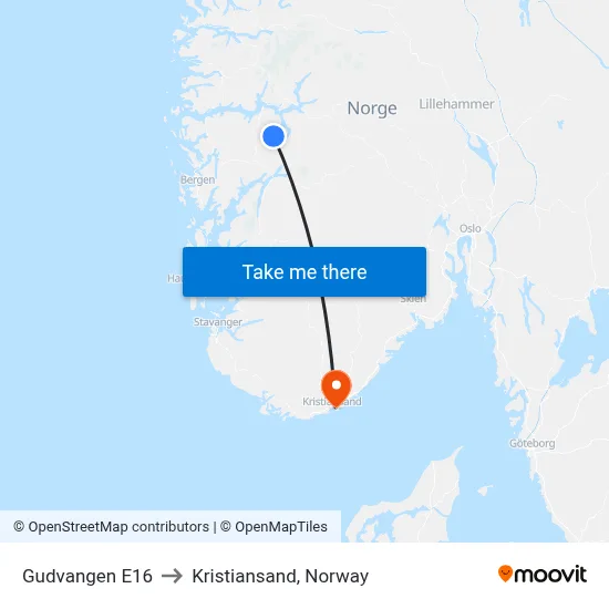Gudvangen E16 to Kristiansand, Norway map