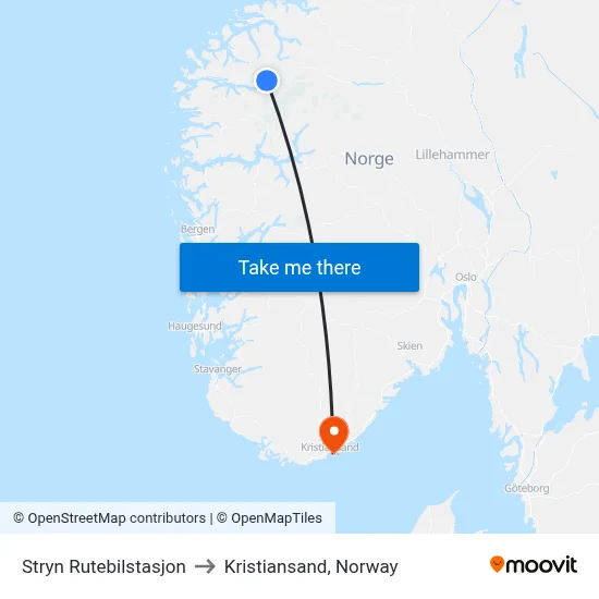 Stryn Rutebilstasjon to Kristiansand, Norway map