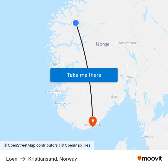 Loen to Kristiansand, Norway map