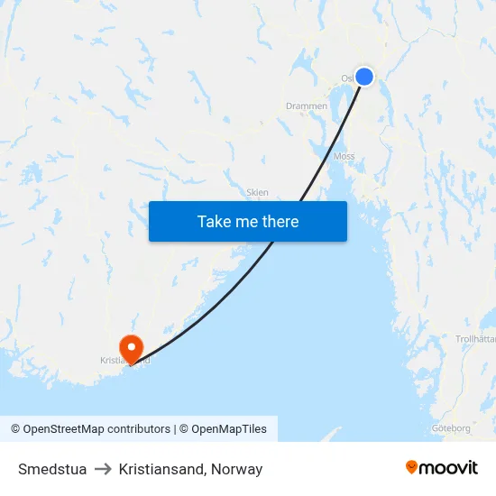 Smedstua to Kristiansand, Norway map