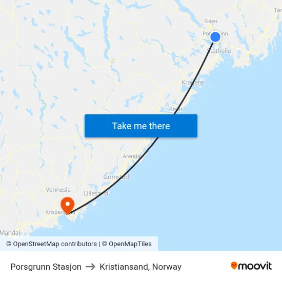 Porsgrunn Stasjon to Kristiansand, Norway map