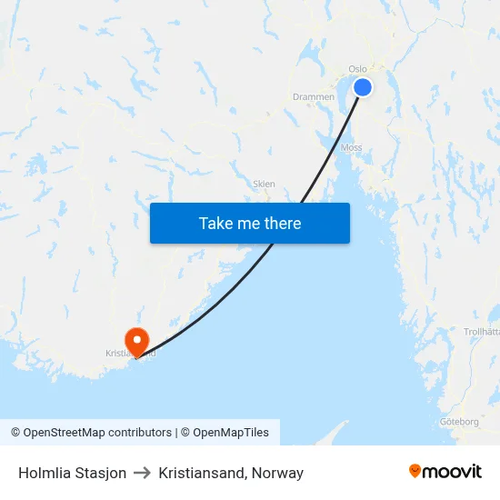 Holmlia Stasjon to Kristiansand, Norway map