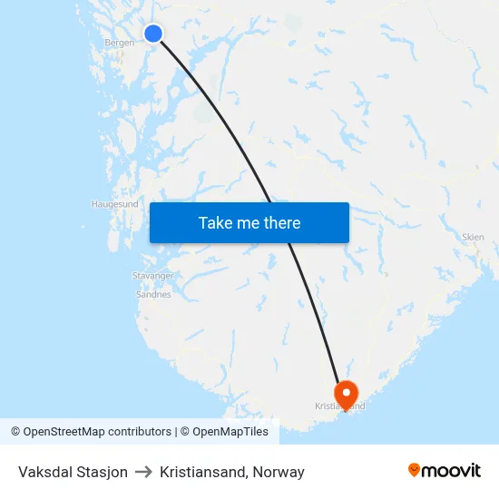 Vaksdal Stasjon to Kristiansand, Norway map
