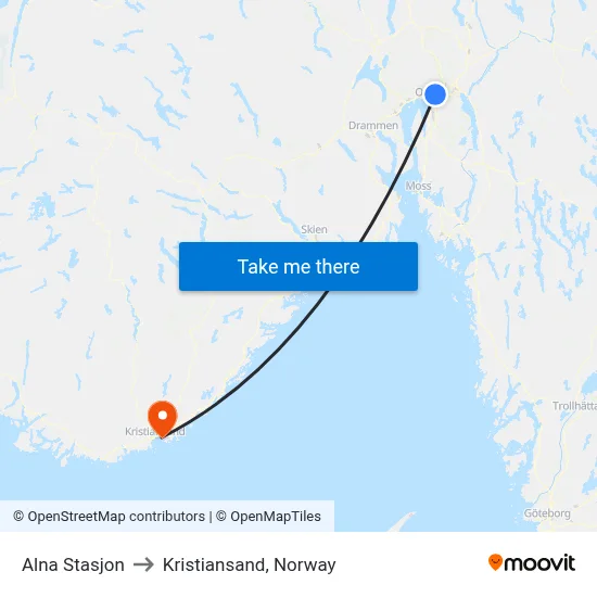 Alna Stasjon to Kristiansand, Norway map