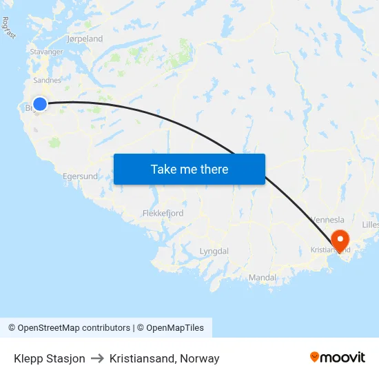 Klepp Stasjon to Kristiansand, Norway map