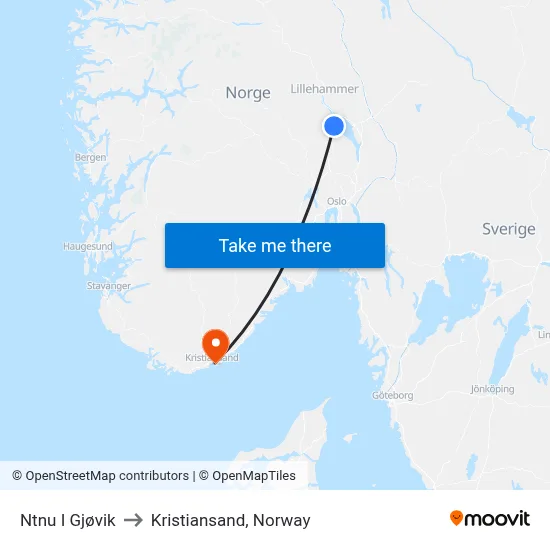 Ntnu I Gjøvik to Kristiansand, Norway map
