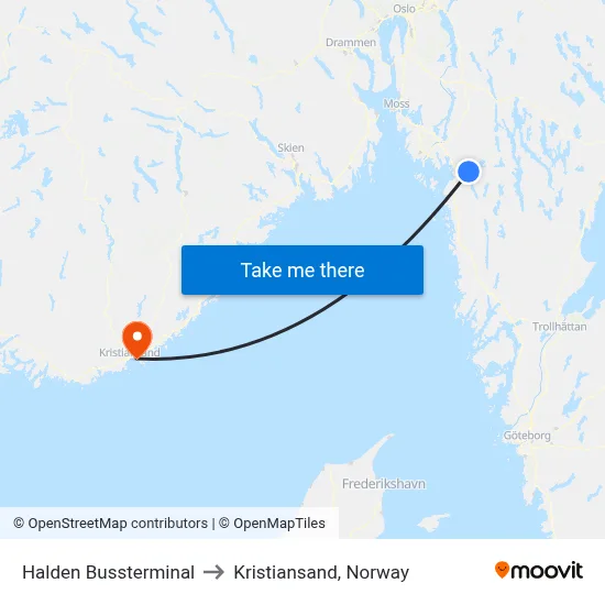 Halden Bussterminal to Kristiansand, Norway map