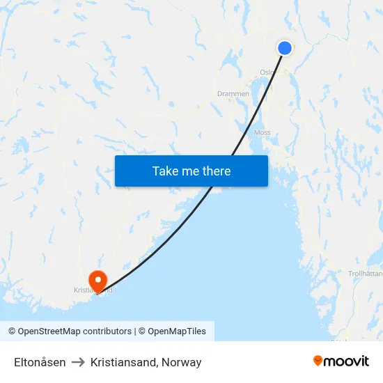 Eltonåsen to Kristiansand, Norway map