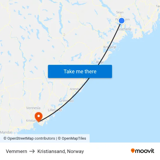 Vemmern to Kristiansand, Norway map