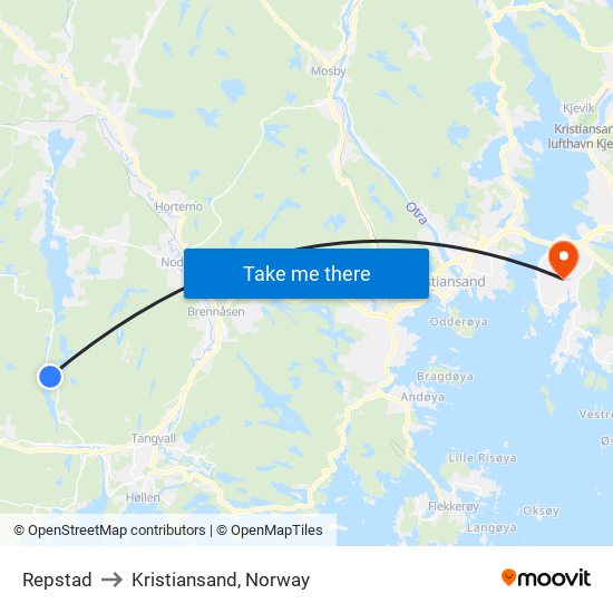 Repstad to Kristiansand, Norway map