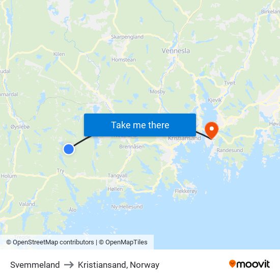 Svemmeland to Kristiansand, Norway map