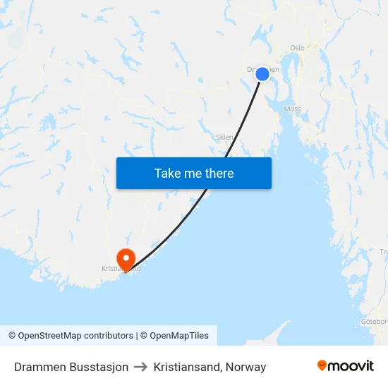 Drammen Busstasjon to Kristiansand, Norway map