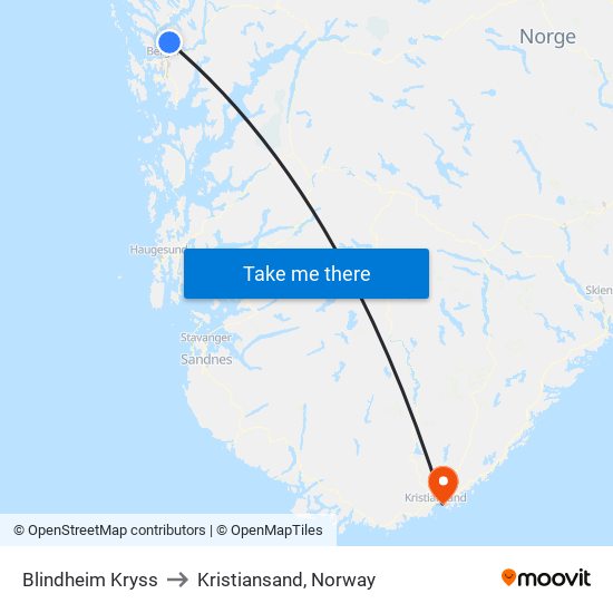 Blindheim Kryss to Kristiansand, Norway map