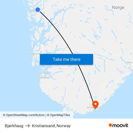 Bjørkhaug to Kristiansand, Norway map