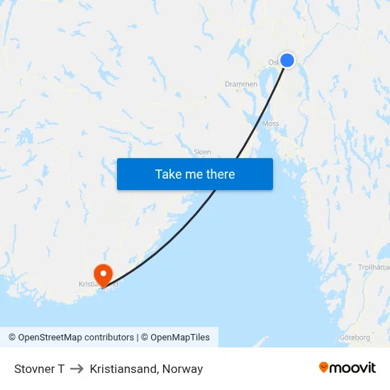 Stovner T to Kristiansand, Norway map