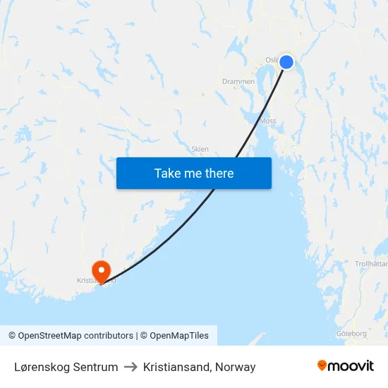 Lørenskog Sentrum to Kristiansand, Norway map