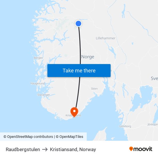 Raudbergstulen to Kristiansand, Norway map